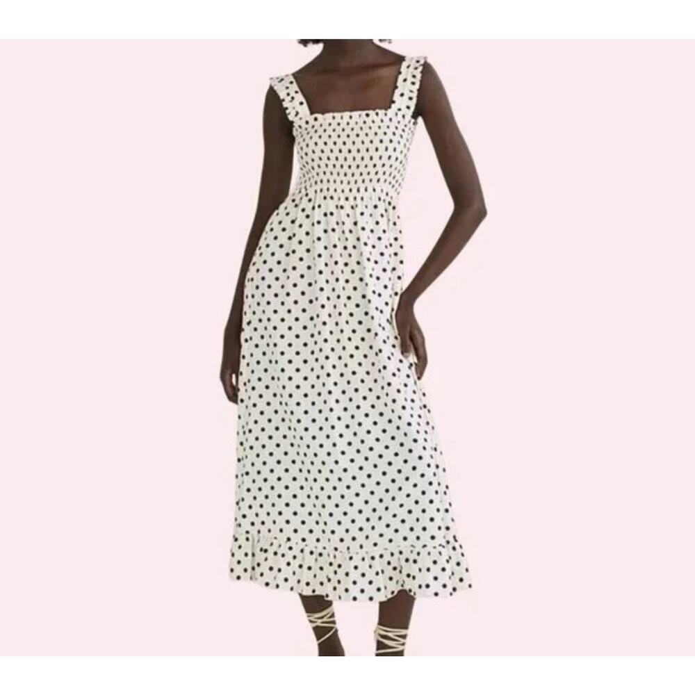 ZARA Linen Blend Josefine Polka Dot Smocked Strappy Midi Sundress Dress Large